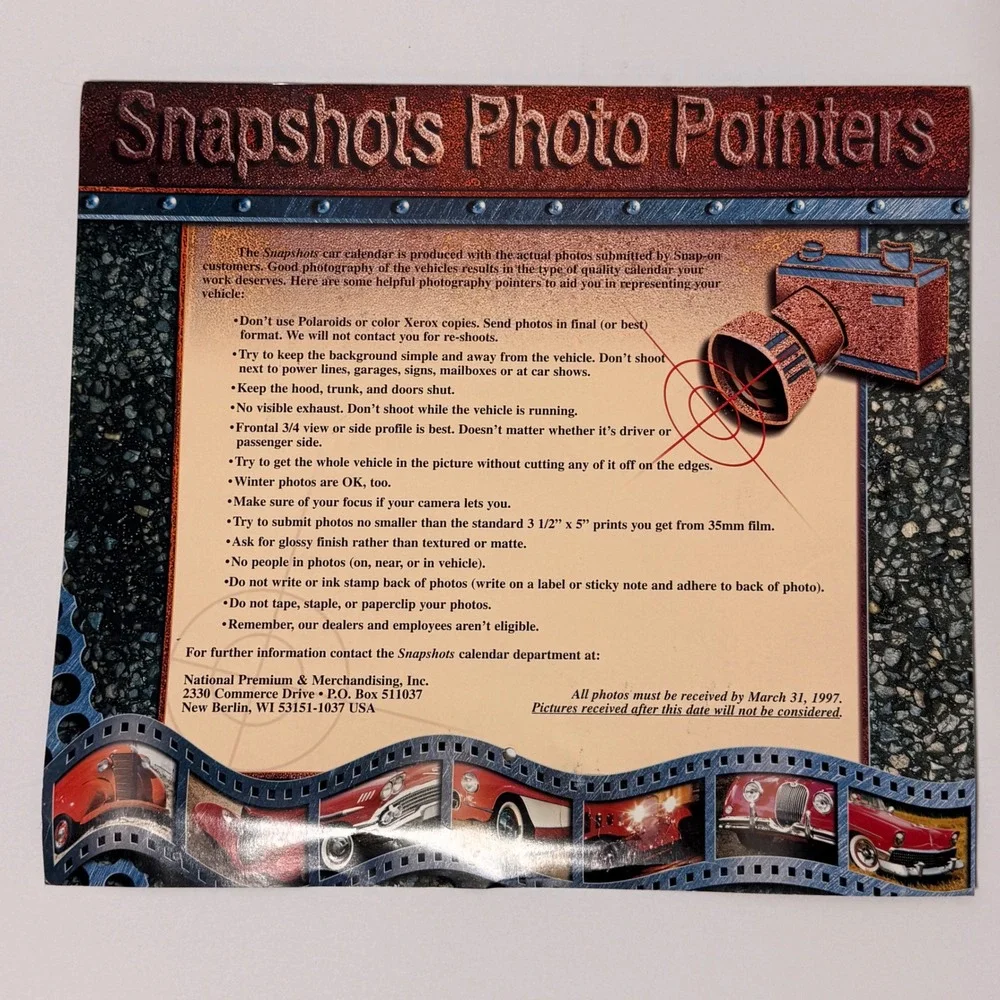 Vintage 1997 Snap-on Snapshots Classics and Customs Car Wall Calendar Hot Rods